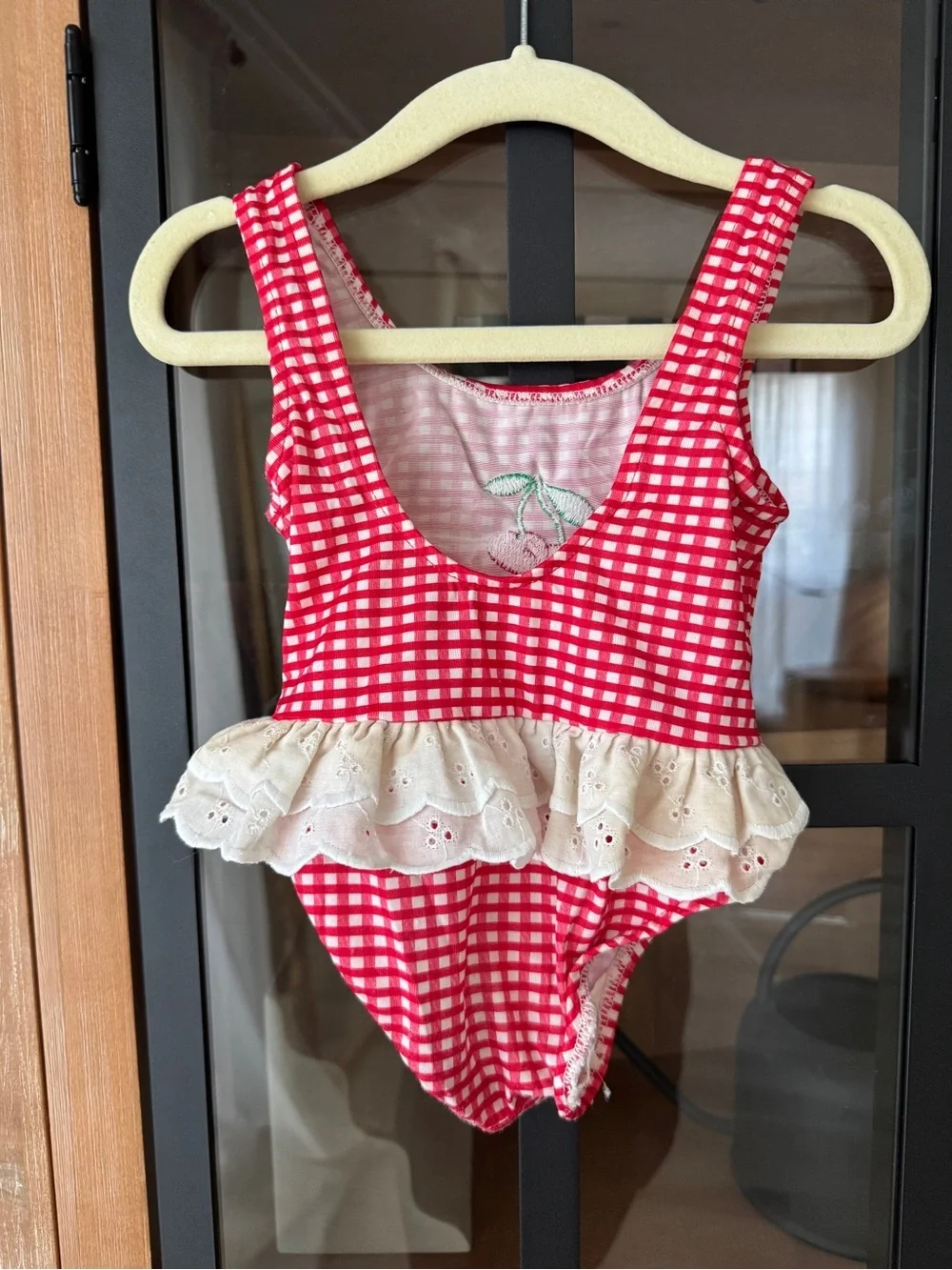 Vintage cherry gingham one piece swimsuit baby girl ruffle eyelet embroidered